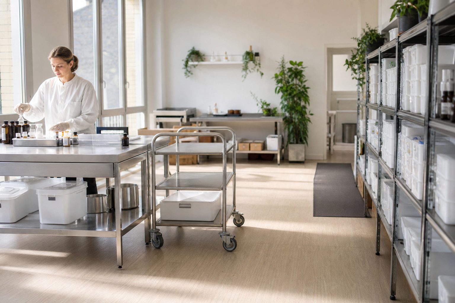 A small bright herbal production room with stainless tables and labeled storage bins