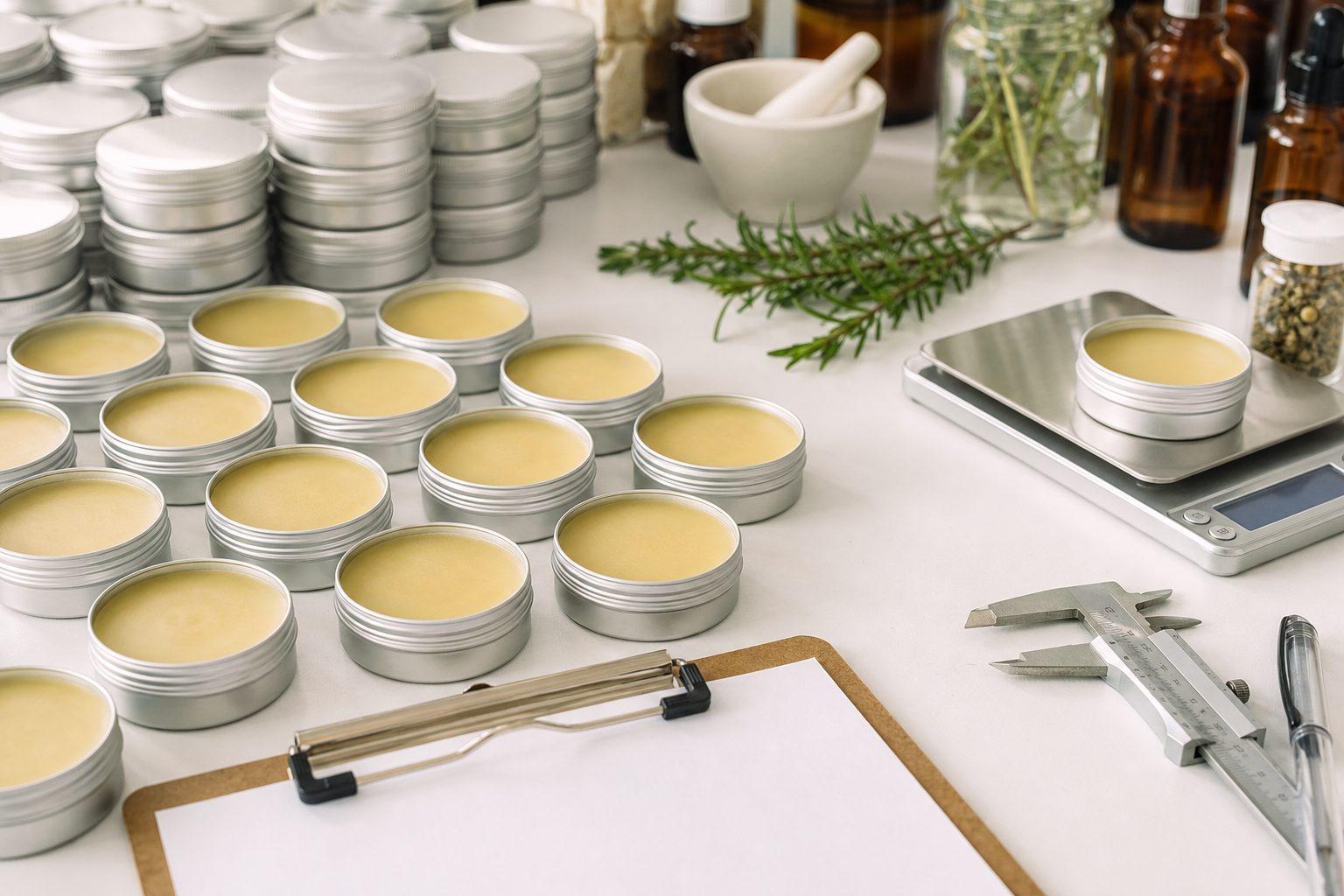 Rows of small salve tins on a white table beside a clipboard and a small scale