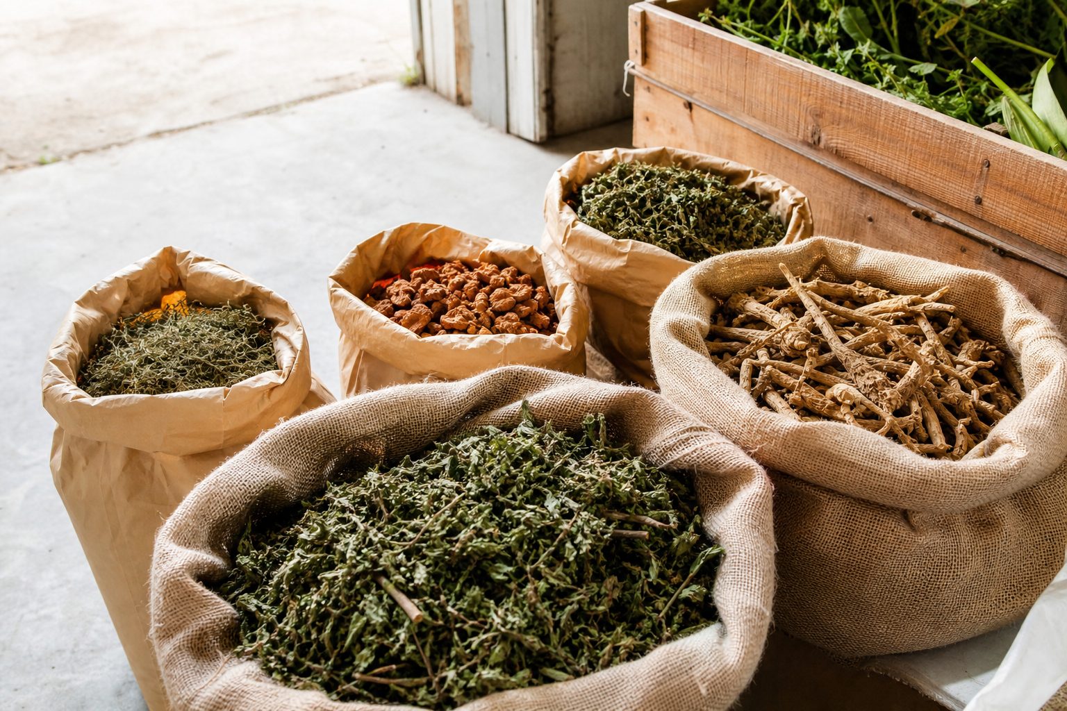 Open sacks of dried herbs and a farm crate on a pale floor in bright daylight