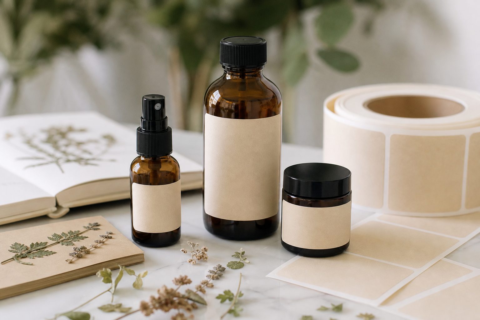 Blank cream labels and amber bottles arranged on a bright white apothecary work surface