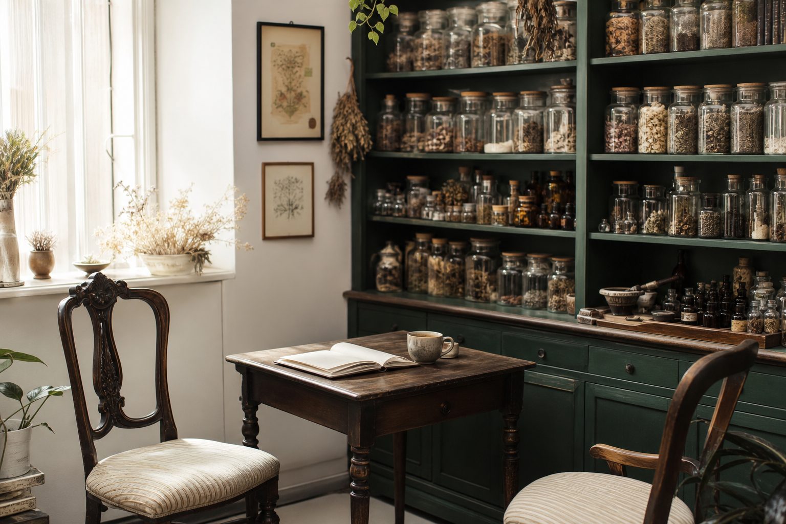 A bright apothecary consultation corner with two chairs and shelves of glass jars