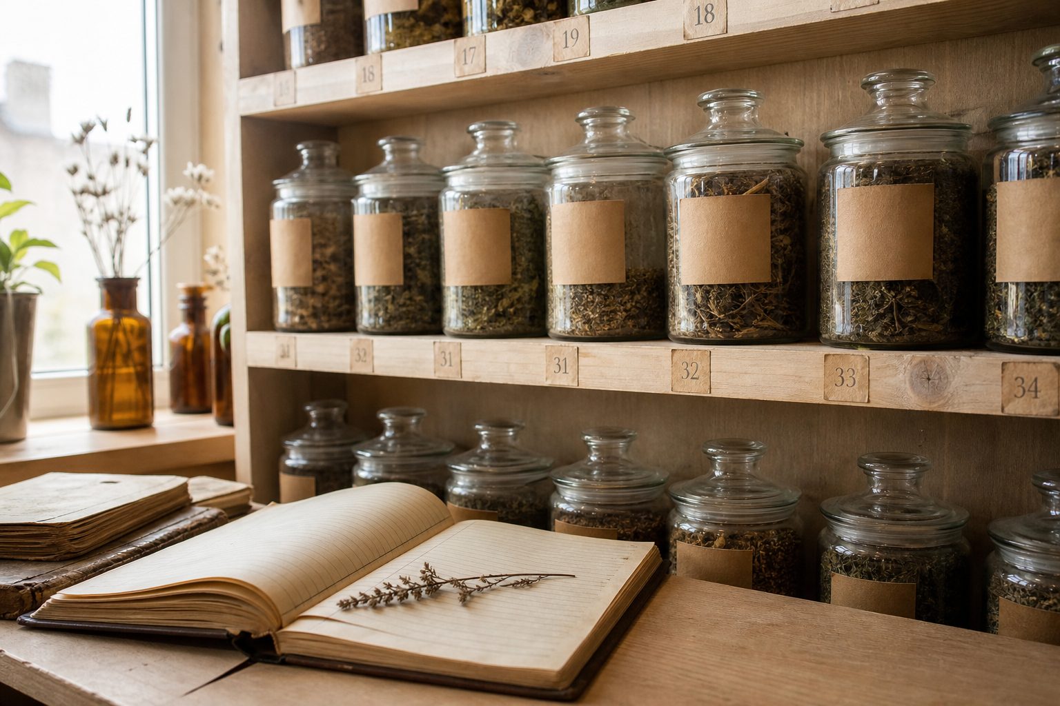 Numbered herb jars on a light wood shelf beside an open ruled batch logbook
