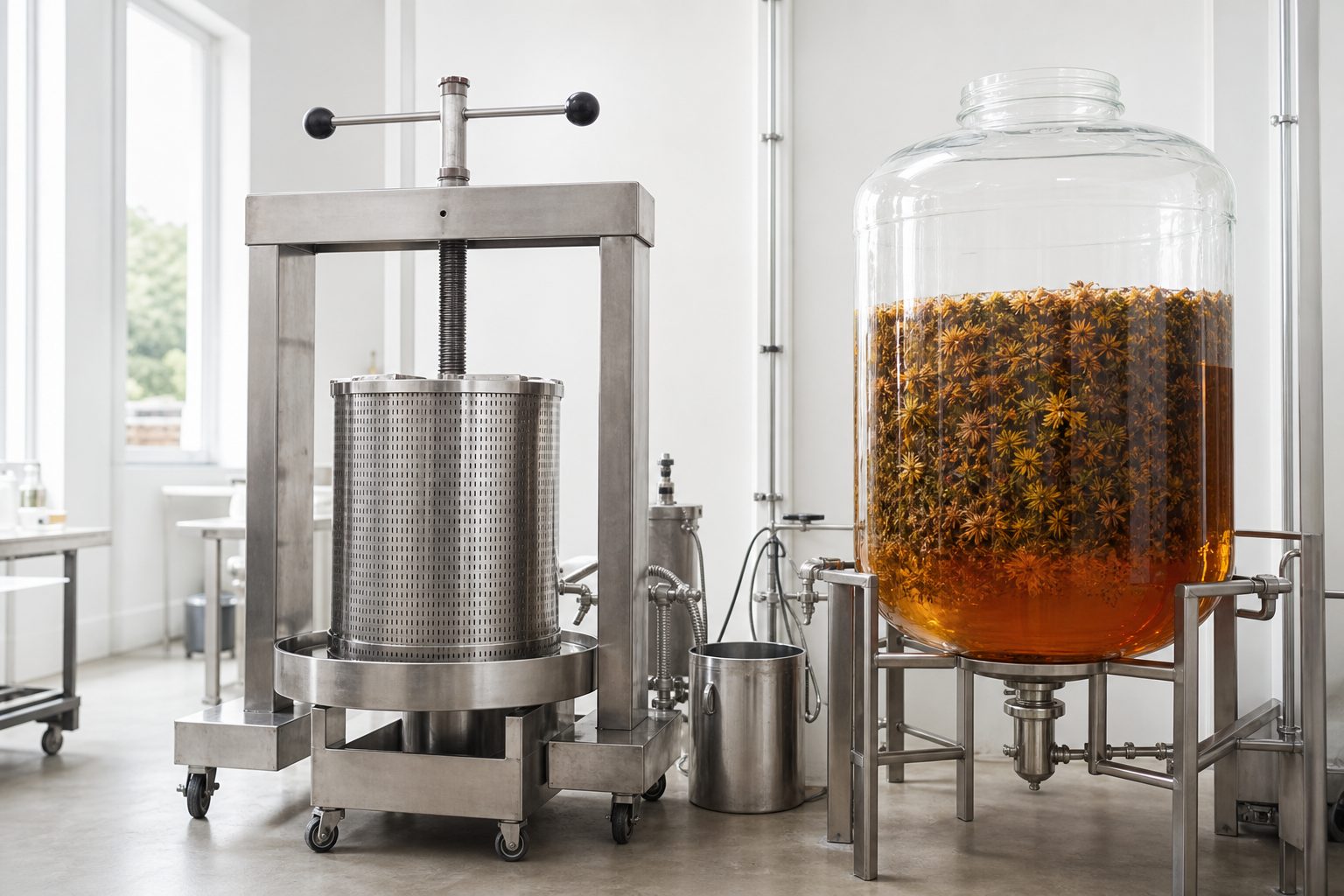 A stainless herb press and large glass maceration vessel in a bright white production room