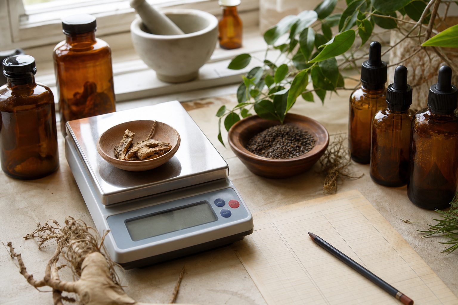 Amber tincture bottles beside a gram scale and a ruled ledger card on a sunlit apothecary bench