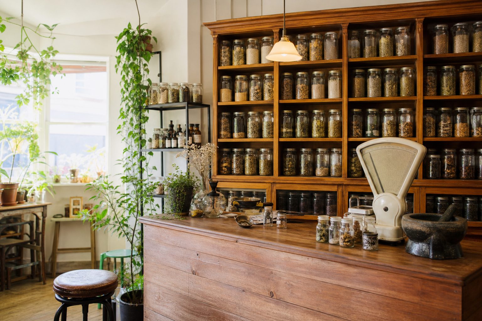 A small apothecary shop interior with a wooden counter and a wall of labeled glass jars